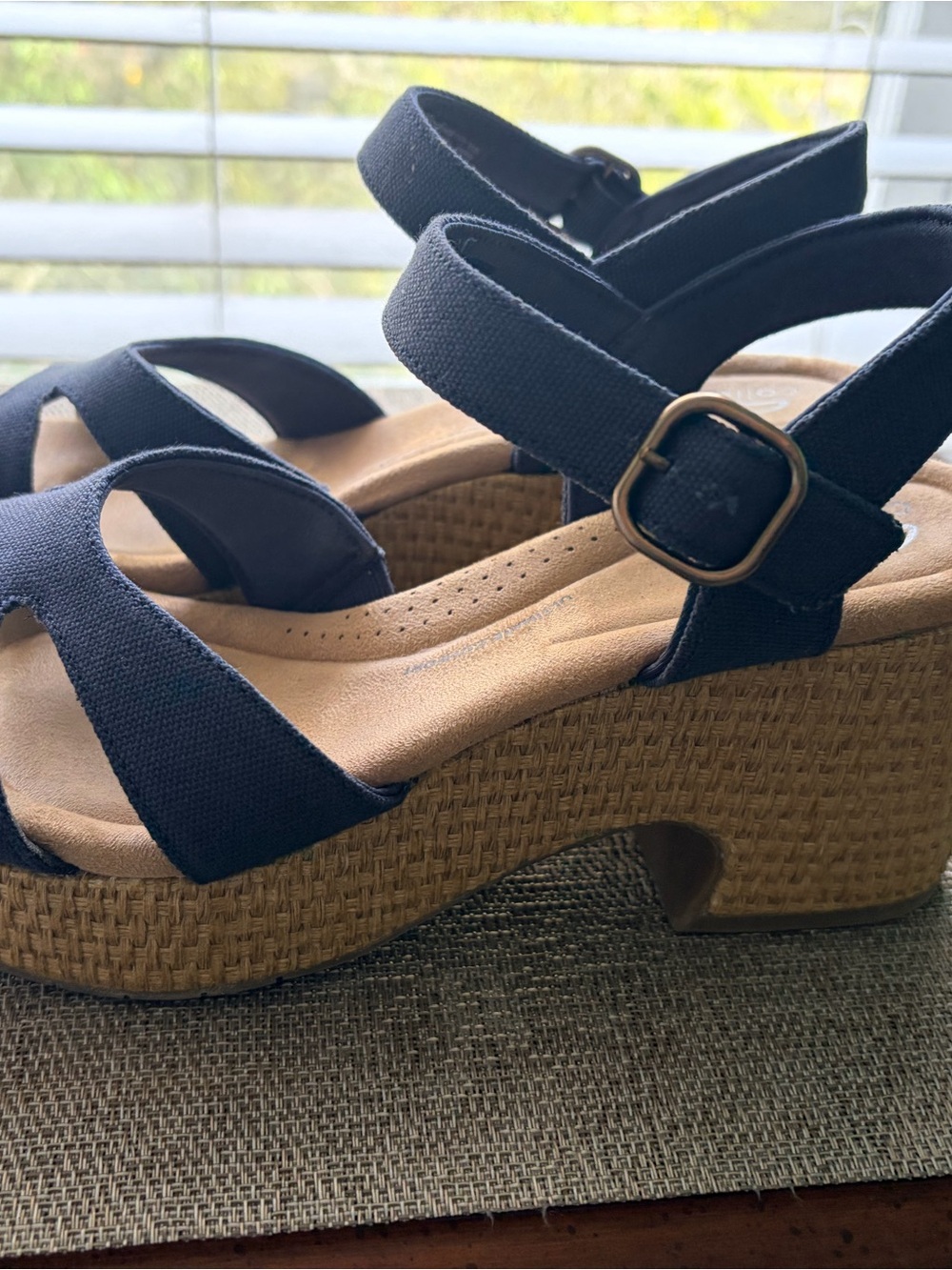 Clarks Navy Strappy Platform Sandals with Woven Tan Heel